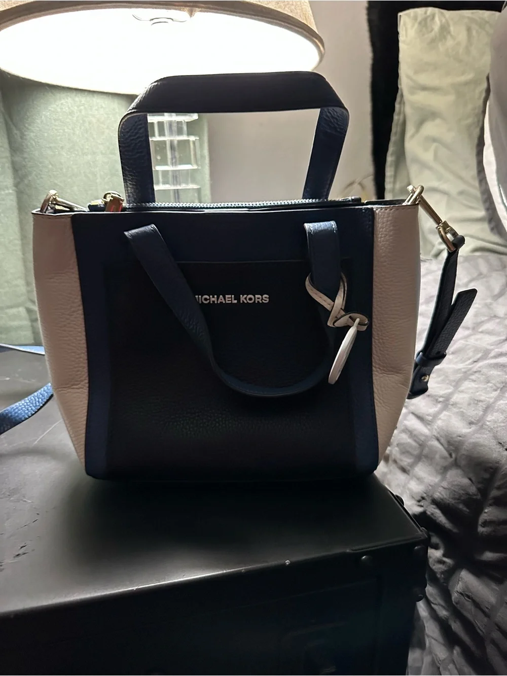 Michael Kors Navy and Cream Leather Satchel with Top Handles